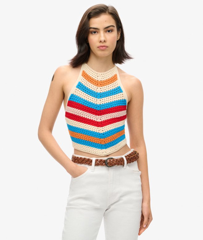 Gehaakte Haltertop met Ongelijke Zoom Crème Grootte: 44 afbeelding