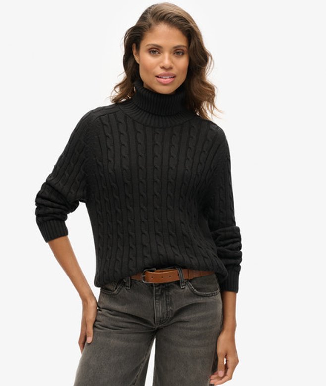 Superdry Slouchy Kabeltrui met Rolkraag Zwart
