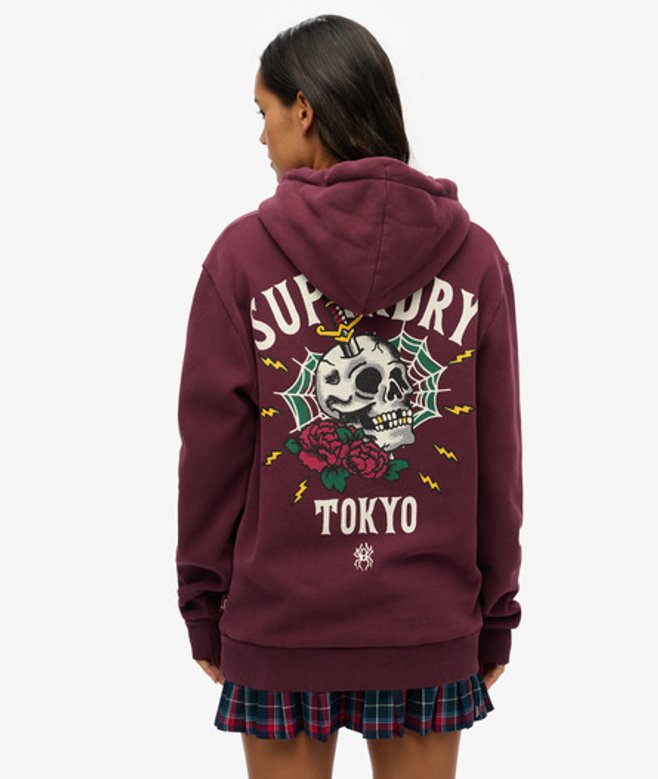 Oversized Tattoo Hoodie met Print op de Achterkant Paars Grootte: XL afbeelding