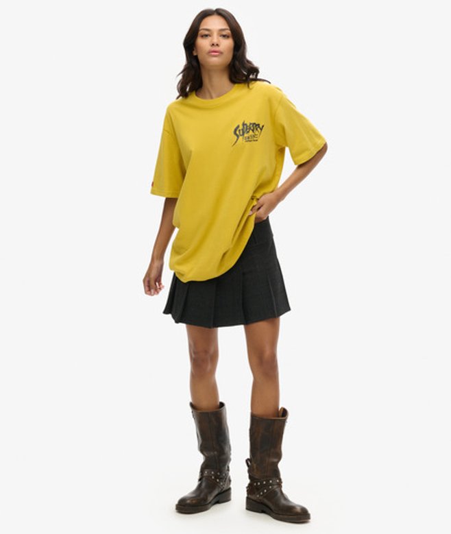 Superdry Damen Gelb und Schwarz Locker Geschnittenes Lo-Fi T-Shirt mit Punk-Grafik, Größe: L