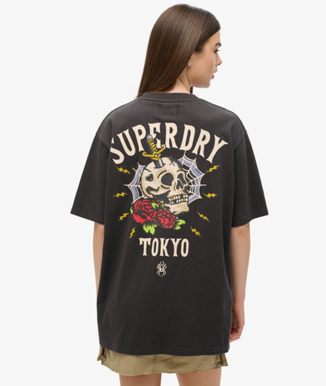 Oversized Tattoo T-shirt met Print op de rug Zwart Grootte: L afbeelding