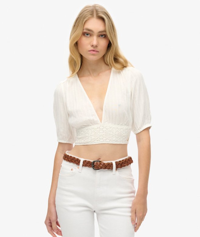 Superdry Damen Weiß Kurzärmeliges Ibiza Oberteil mit Spitzenbesatz, Größe: 36 210302500039871D030