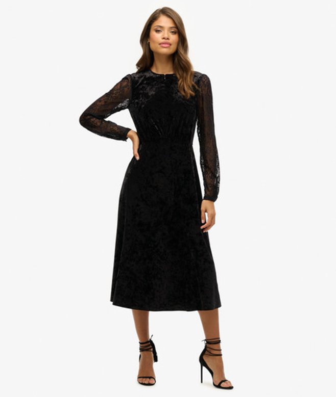 Superdry Fluwelen Midi-jurk met Kanten Mouwen Black