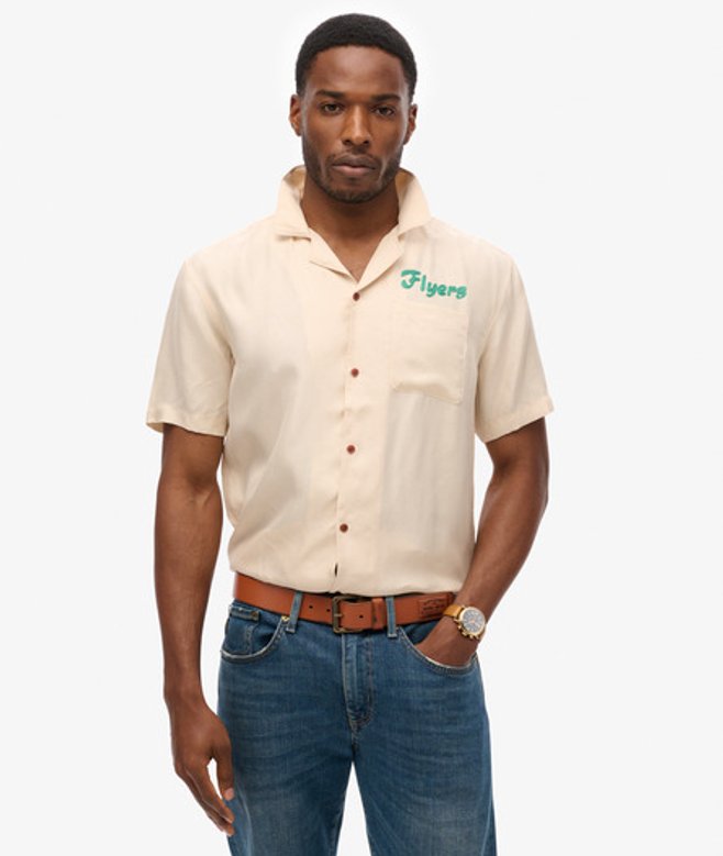 Vintage Bowlingshirt met Korte Mouwen Crème Grootte: L afbeelding