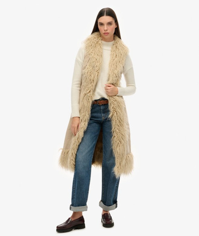 Superdry & Co Women's Faux Fur Afghan Long Gilet Brown / Stone Wash Taupe Brown