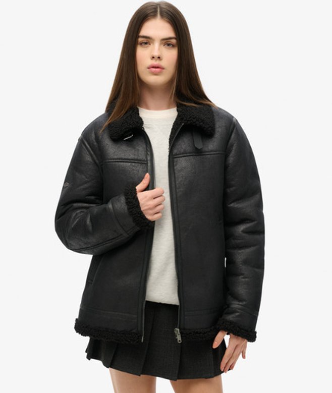 Superdry Women's Oversized Faux Shearling Aviator Jacket Black