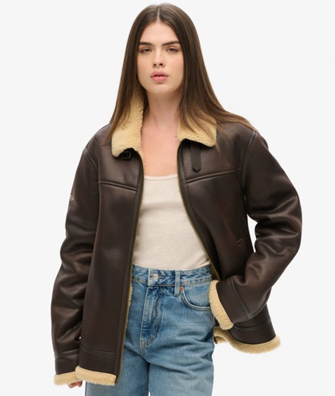Oversized Aviator jas van Imitatiescheerwol Bruin Grootte: L afbeelding