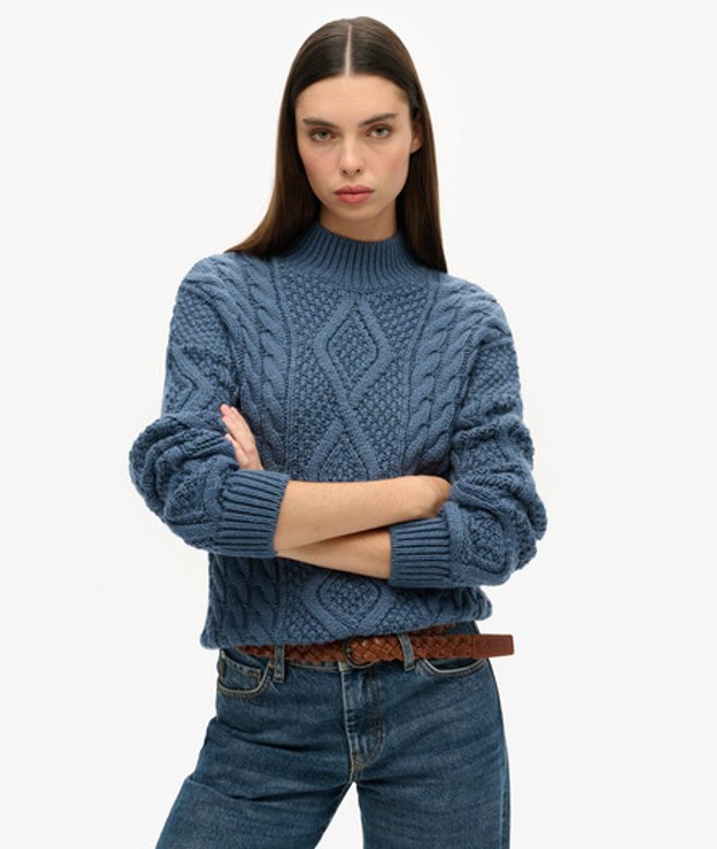 Damen Aran Polo-Strickpullover mit Zopfmuster Gestrickt, Größe: 44 - Superdry - Modalova