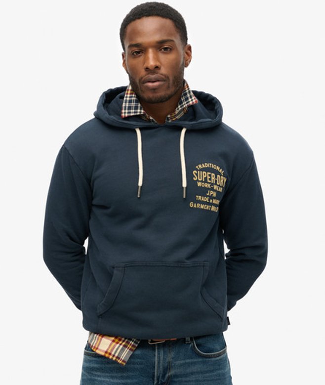 Superdry Workwear Hoodie met Flockprint op de Borst Blauw
