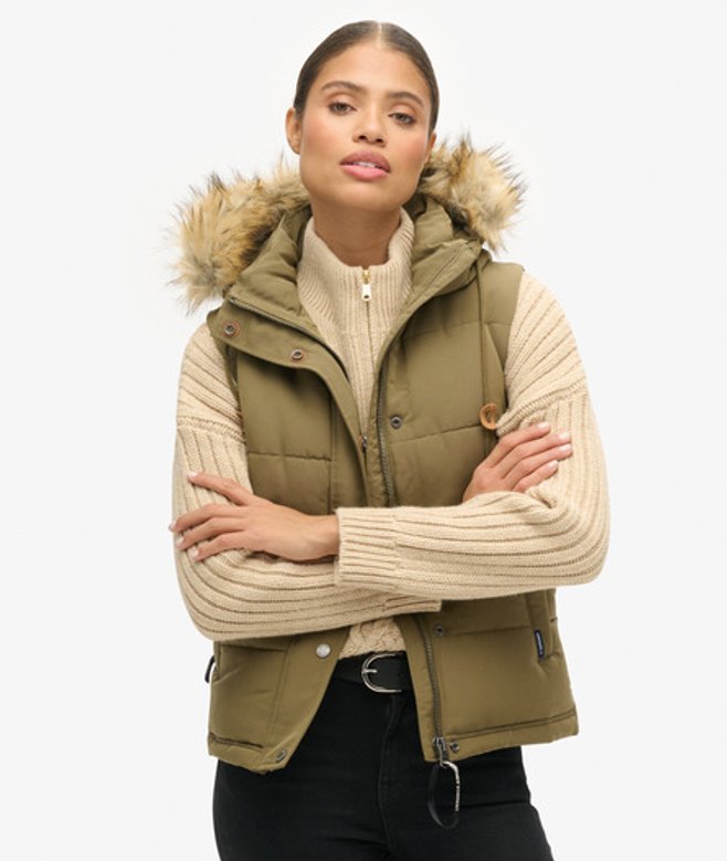 Superdry Damen Everest Steppweste mit Kunstfellbesatz Grün - Größe: 36