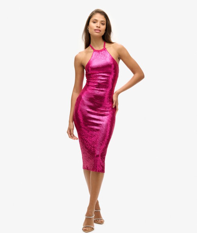 Midi-jurk met Lovertjes en Halternek Roze Grootte: 42 afbeelding