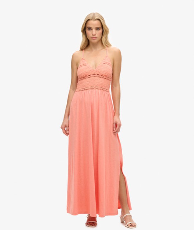 Jersey Maxi-jurk met Kant Cream Grootte: 42 afbeelding