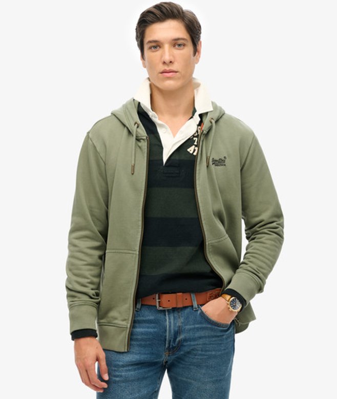 Essential Logo Washed Hoodie met Rits Groen Grootte: XL afbeelding