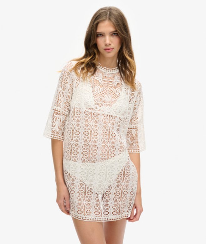 Beach Cover Up Mini-jurk met Kanten Details Crème Grootte: 14-16 afbeelding