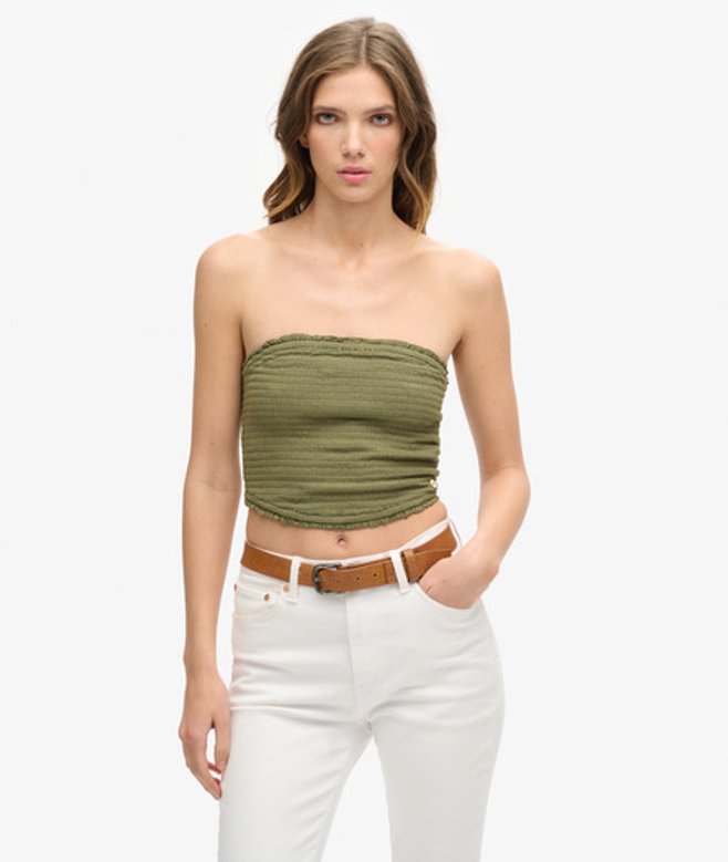 Bandeautop met Smokwerk Khaki Grootte: 36 afbeelding