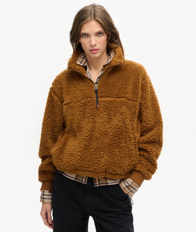 Superdry Ladies Boxy Fit Logo Patch Super Soft Zip Henley Jumper, Brown