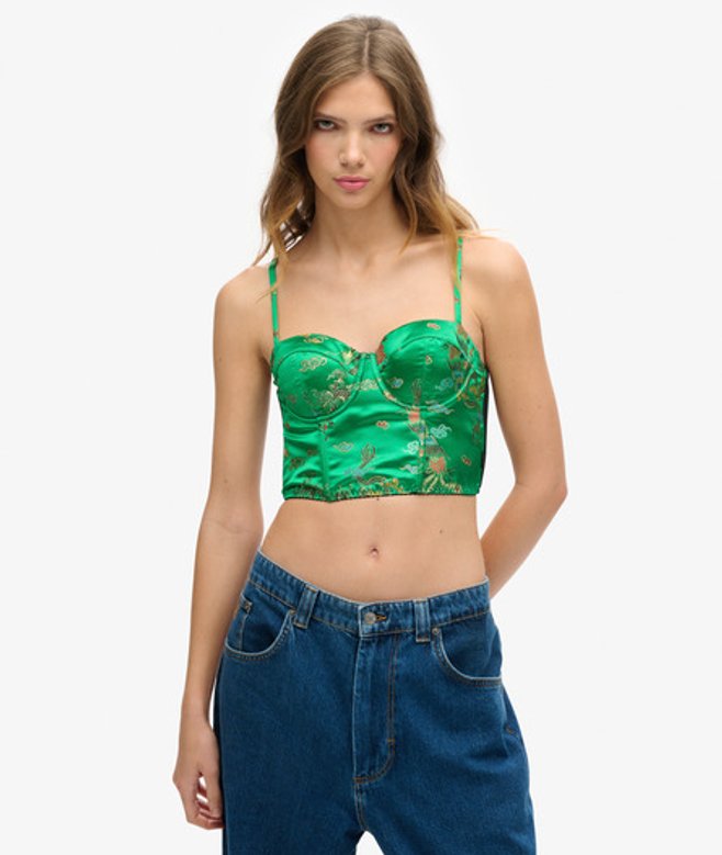 Superdry Women's Embroidered Satin Brocade Crop Corset Top, Green, Black and Gold