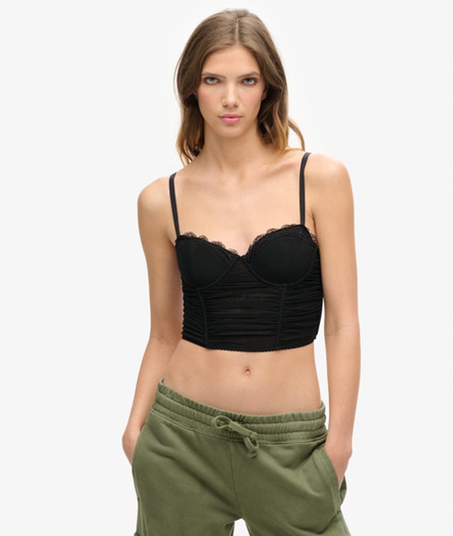 Superdry Women's Ruched Mesh Crop Corset Top Black