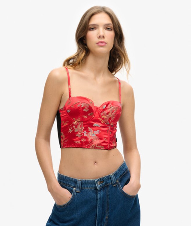 Superdry Women's Embroidered Satin Brocade Crop Corset Top, Red and Gold