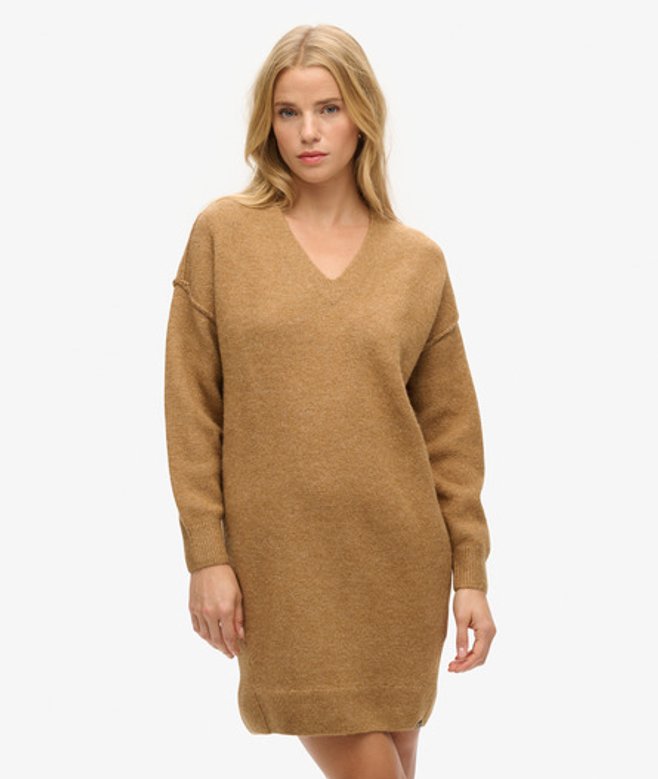 Superdry Women’s Women’s V Neck Knit Jumper Dress Beige / Corps Beige Marl –