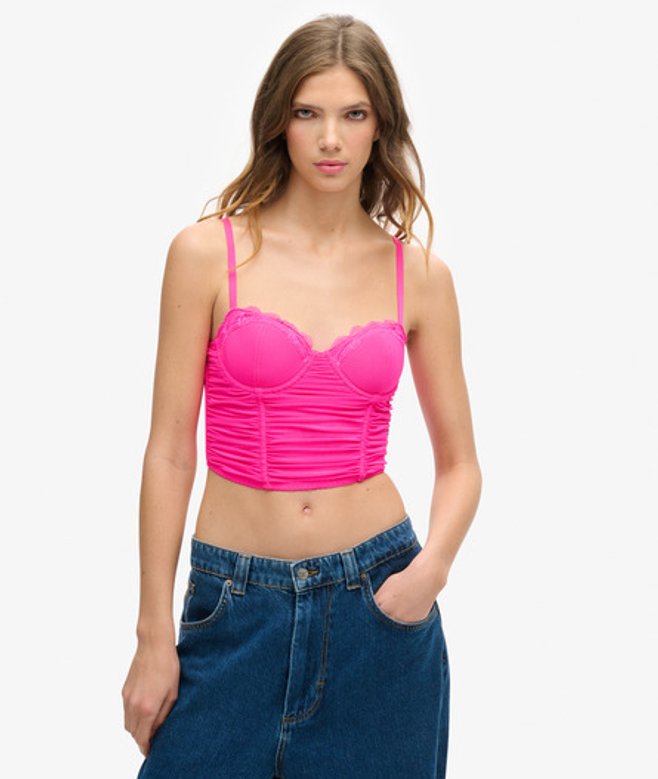 Superdry Women's Lace Ruched Mesh Crop Corset Top, Pink