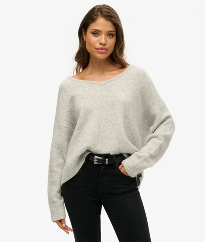 Superdry Oversized Trui met V-hals Lichtgrijs