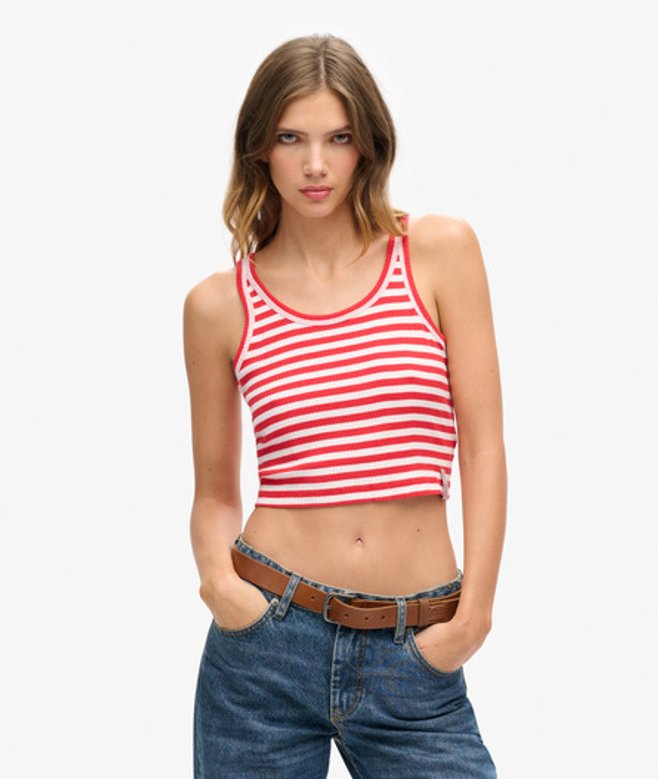 Superdry Women’s Organic Cotton Vintage Ribbed Crop Vest Top Red / Soda Pop Red Stripe – Size: 16