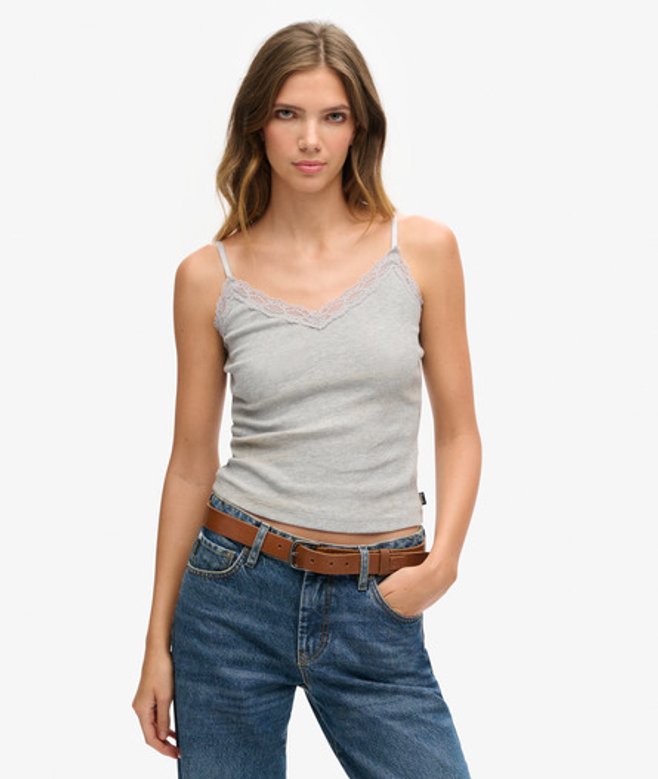 Superdry Women's Organic Cotton Vintage Rib Lace Trim Cami Top Grey / Grey Marl