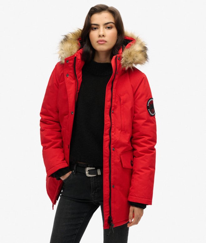 Superdry Damen Everest Parka mit Kapuze und Kunstfellbesatz Rot