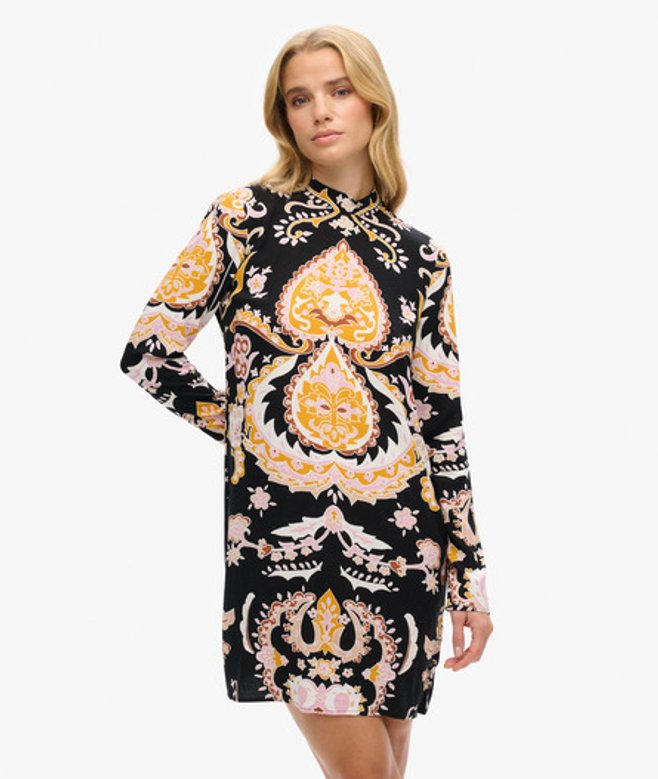 Superdry Women's Paisley Print Long Sleeve Mini Dress, Black & Yellow