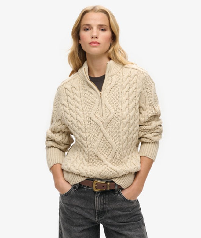 Damen Aran Zopfmusterpullover mit Halblangem Reißverschluss - Größe: 44 - Superdry - Modalova