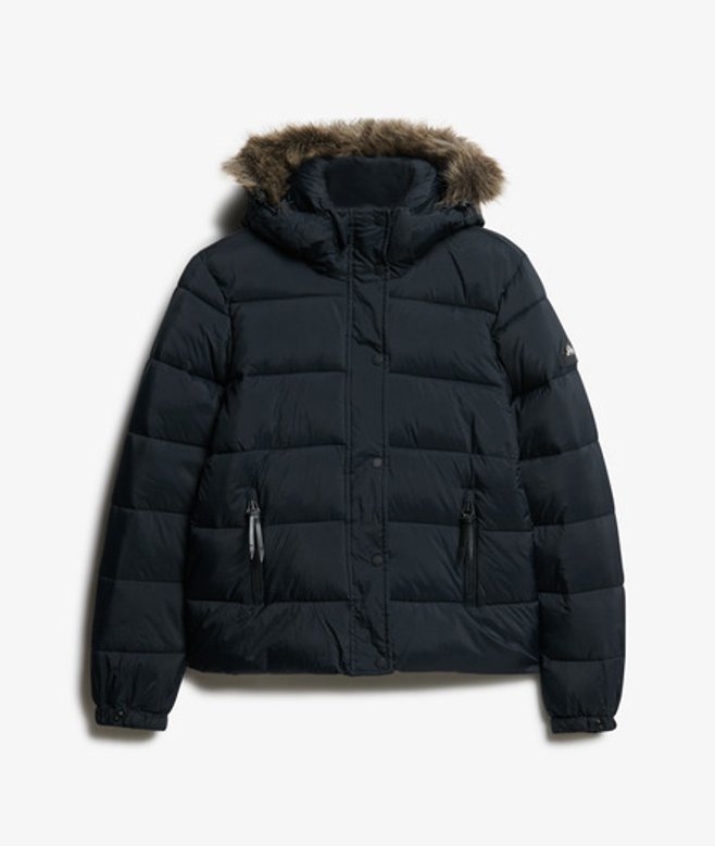 Superdry Women's Slim Fit Logo Patch Hooded Mid Layer Short Jacket, Black