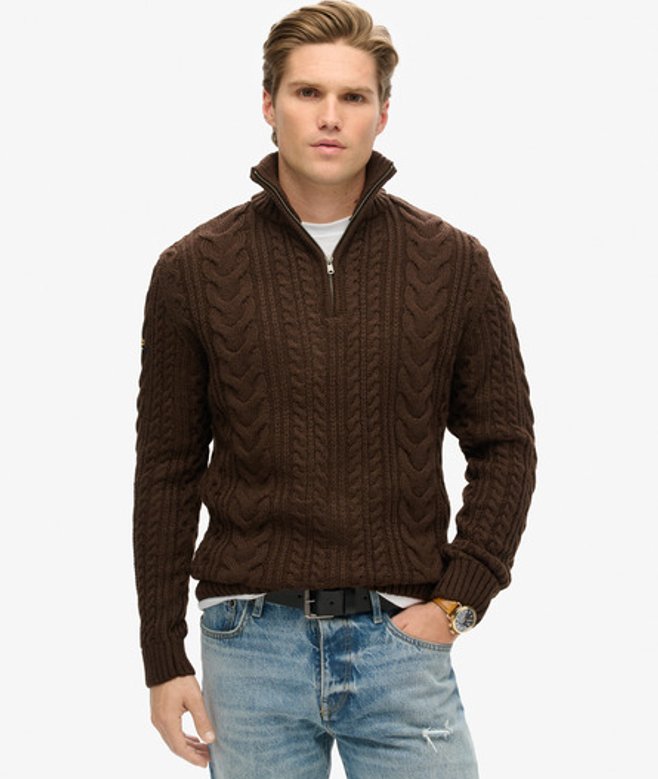 Superdry Men's Vintage Jacob Cable Knit Half Zip Jumper Brown / Toasted Chocolate Brown