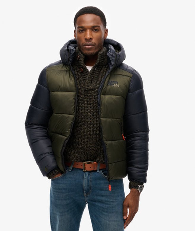 Superdry Sports Pufferjas met Capuchon en Kleurvlakken Khaki