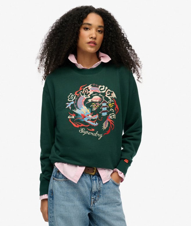 Wijdvallend Suika Sweatshirt met Ronde Hals en Borduursel Green Grootte: 44 afbeelding