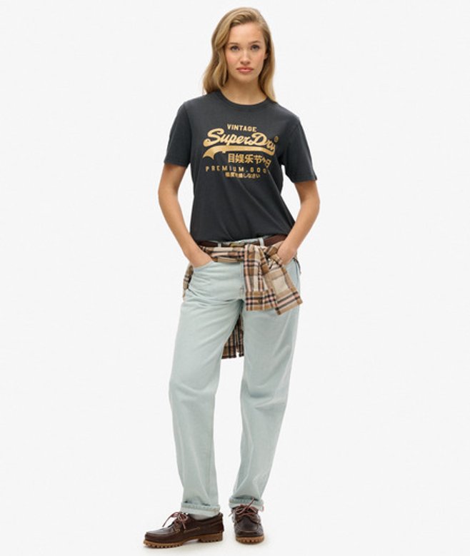 Superdry Women's Lässiges Vintage T-shirt mit Metallic-logo Schwarz