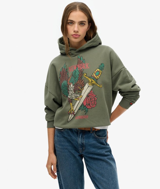Neo Trad Tattoo Hoodie met Relaxte Pasvorm Groen Grootte: 40 afbeelding
