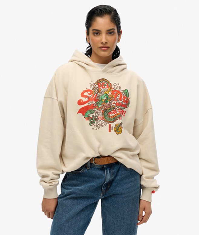 Tokyo Hoodie met Vintage Logo en Relaxte Pasvorm Beige Grootte: 42 afbeelding