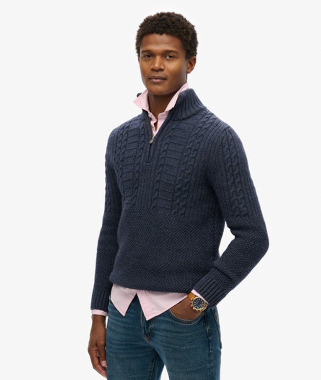 Superdry Vintage Jacob Kabeltrui met Halve Rits Blauw