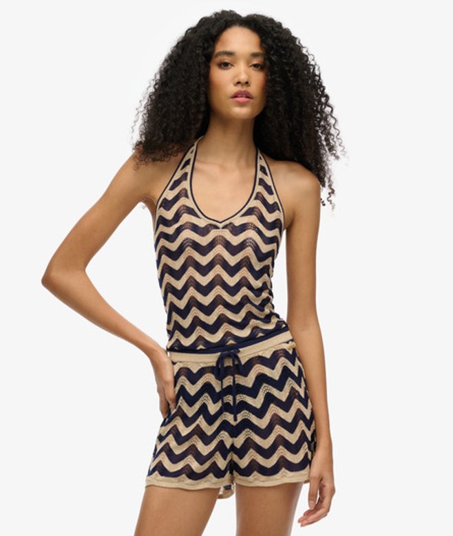 Image of Superdry Women's Zigzag Knit Shorts Navy / Navy Gold Zigzag - Size: 14 female 14 Navy