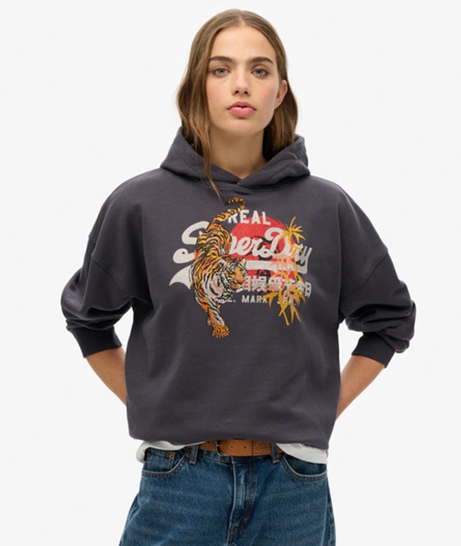 Tokyo Hoodie met Vintage Logo en Relaxte Pasvorm Donkergrijs Grootte: 42 afbeelding