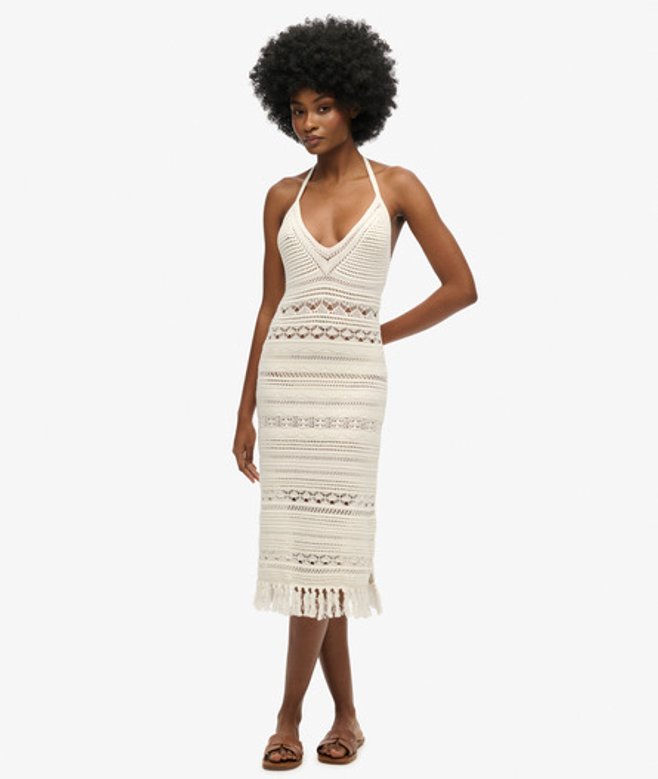 Superdry Gehaakte Midi-jurk met Kwastjes White