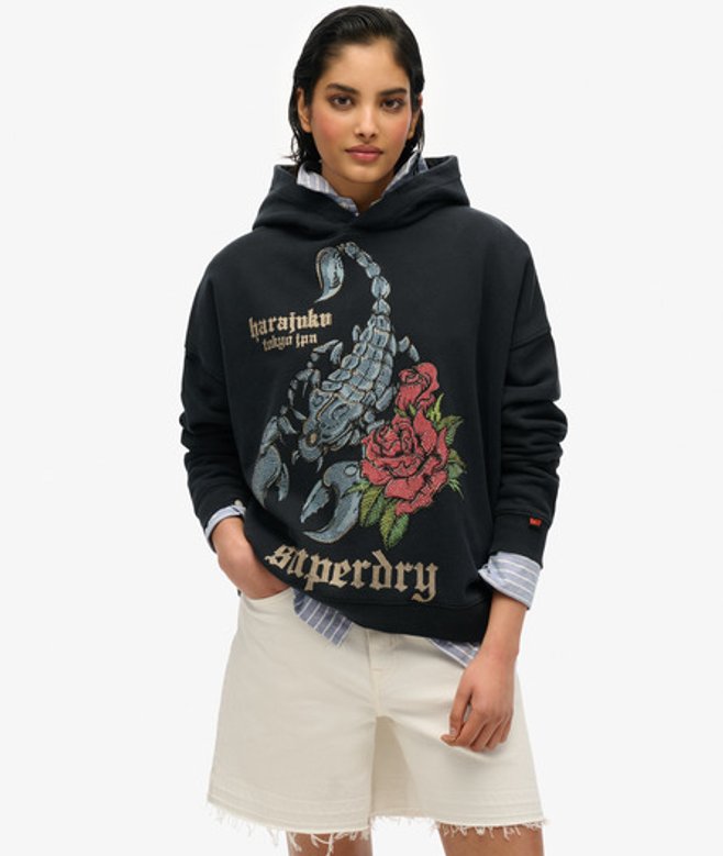 Neo Trad Tattoo Hoodie met Relaxte Pasvorm Zwart Grootte: 36 afbeelding