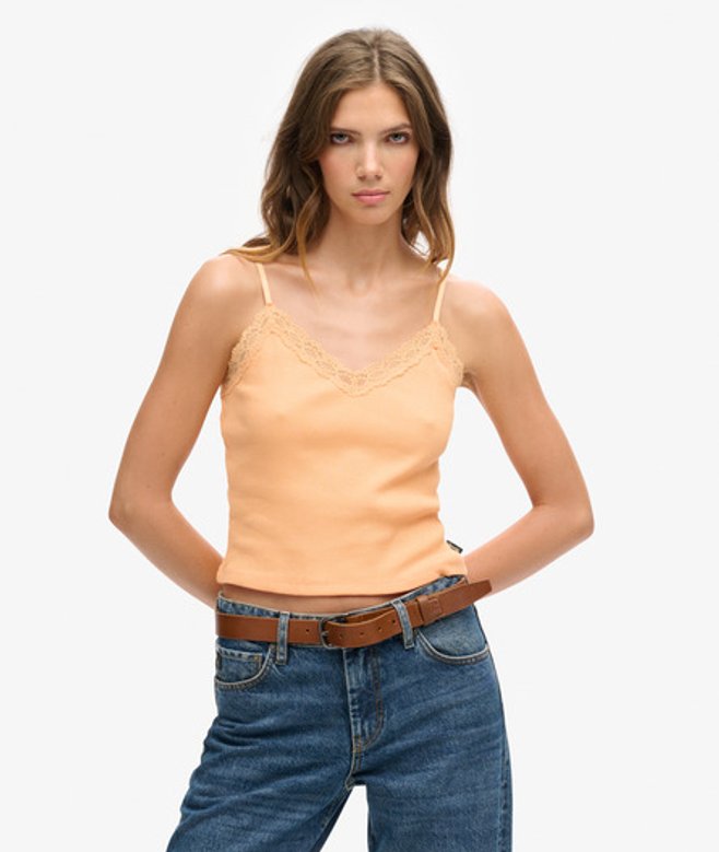 Vintage Mini Cami Ribtopje met Kant Oranje Grootte: XS/S afbeelding