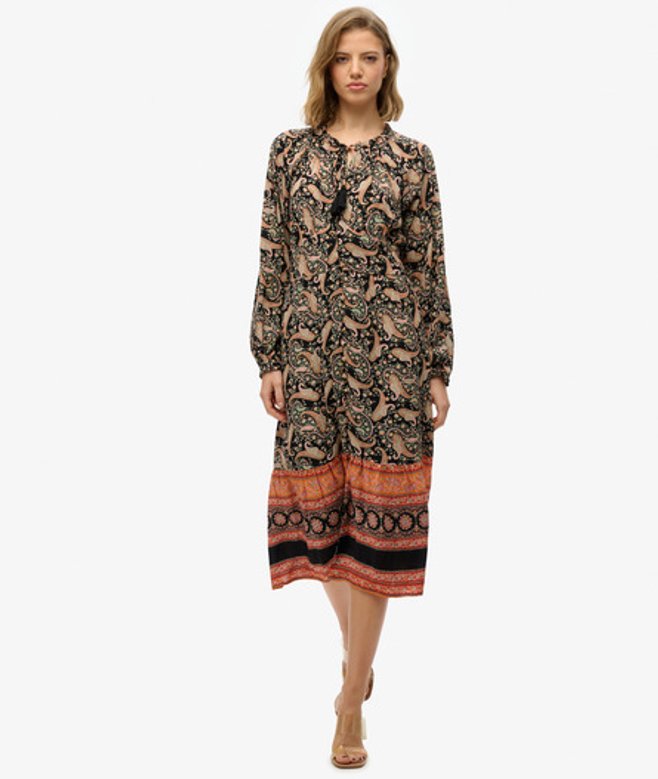 Superdry Midi-jurk met Lange Mouwen en Print Black