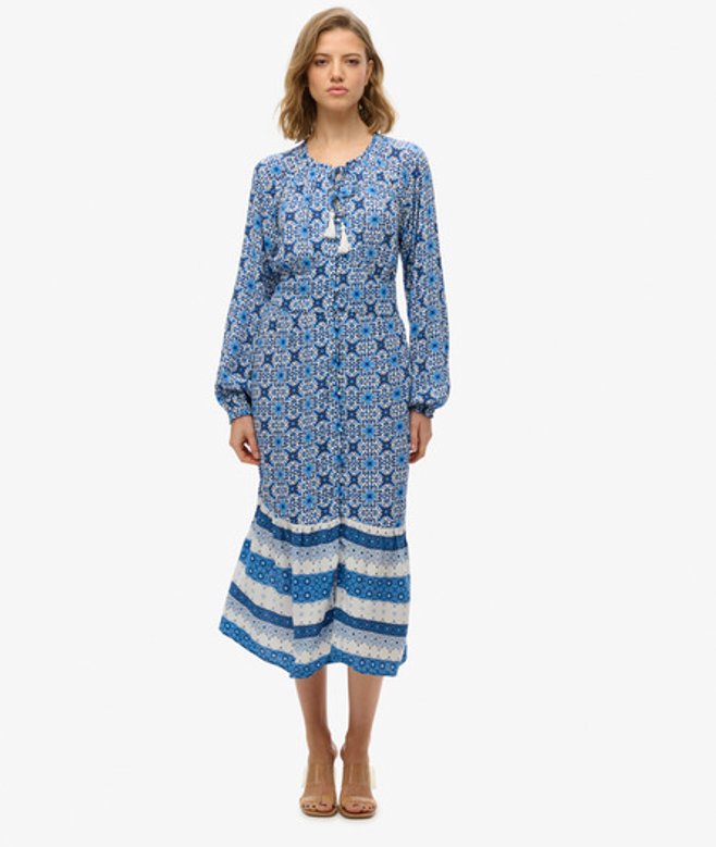 Superdry Midi-jurk met Lange Mouwen en Print Blue