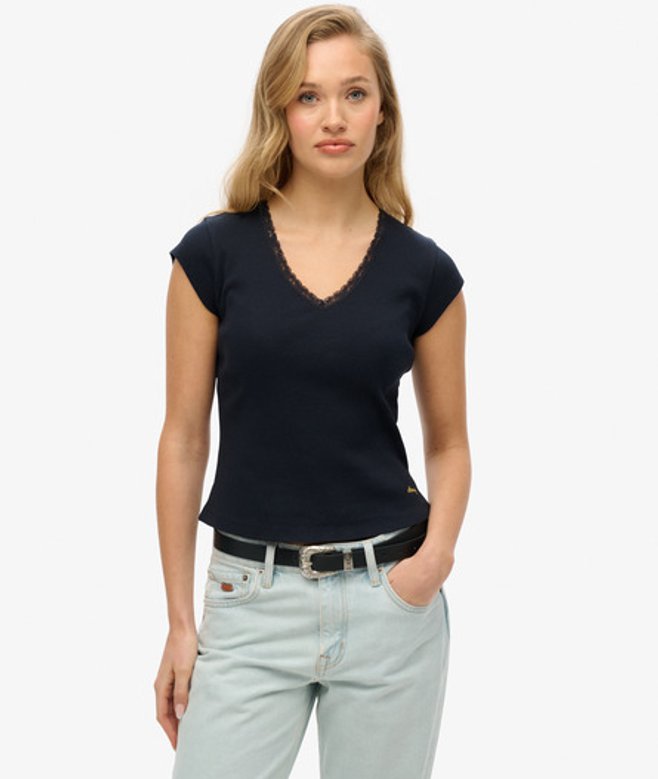 Women's Athletic Essentials T-shirt mit Spitzenbesatz und V-ausschnitt - Größe: 38 - Superdry - Modalova