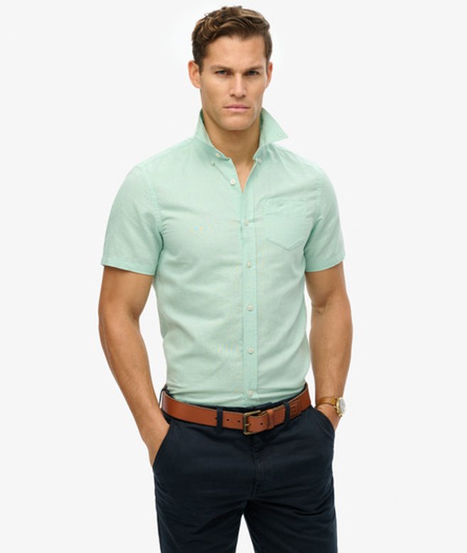 Superdry Men's Cotton Linen Short Sleeve Shirt Green / Sea Foam Green - Size: XS