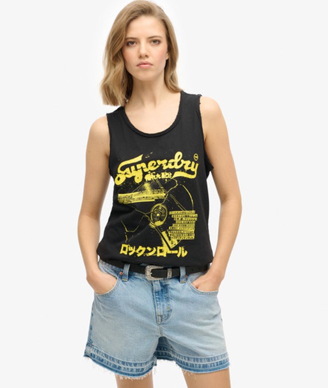 Superdry Punkposter Tanktop met Lage Ronde Hals Black