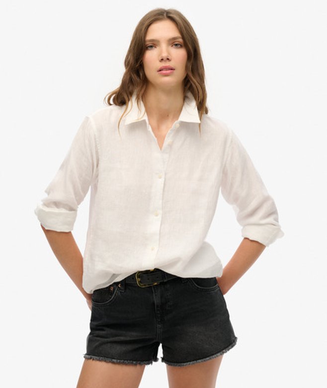 Superdry Women's Loose Fit Casual Linen Boyfriend Shirt, White